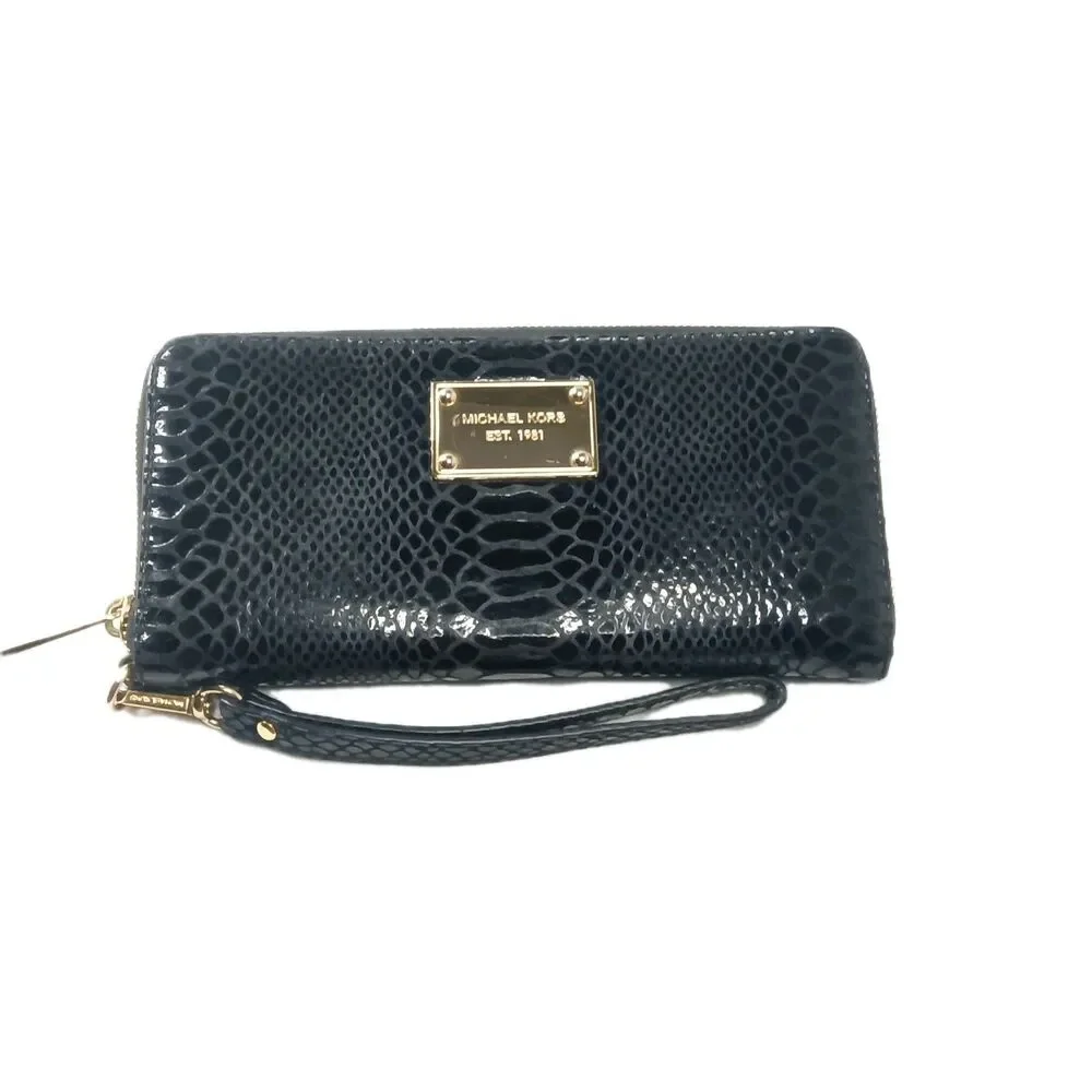 Michael Kors Jet Set Zip Around continental Wallet Python Embossed Black